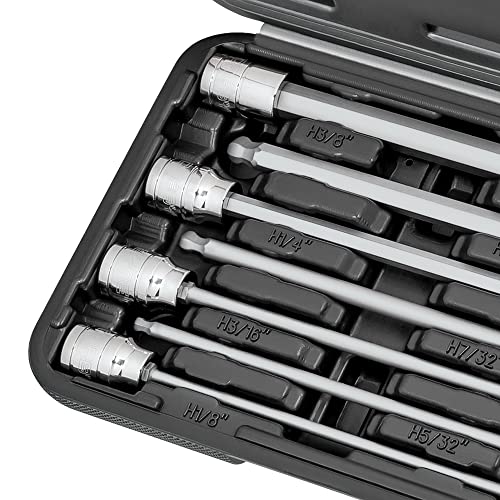 CARBYNE 7-Piece Extra Long Ball End Hex (Allen) Bit Socket Set, SAE 1/8 in. to 3/8 in., 3/8 in. Drive, S2 Steel, CrV Sockets, Zinc Phosphate Bit Finish, 6.1 in. Length, Durable Case - style: SAE, Ball-End