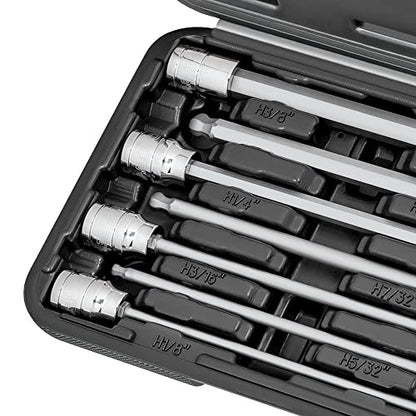 CARBYNE 7-Piece Extra Long Ball End Hex (Allen) Bit Socket Set, SAE 1/8 in. to 3/8 in., 3/8 in. Drive, S2 Steel, CrV Sockets, Zinc Phosphate Bit Finish, 6.1 in. Length, Durable Case - style: SAE, Ball-End