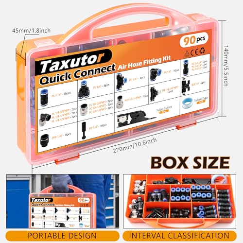 90PCS 1/4" 3/8" Push to Connect Air Fittings Kit, High-Visibility Blue PBT & Brass Quick Connect Pneumatic Assortment, DIY Air Tools & Air Suspension, with Tube Cutter & Tape in Portable Case - size: 90PCS Blue