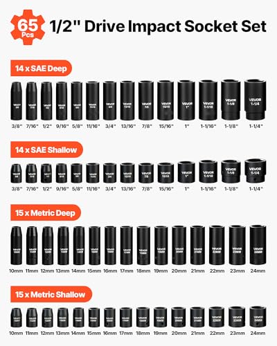 VEVOR 1/2" Drive Impact Socket Set, 65 Piece Socket Set SAE 3/8" to 1-1/4" and Metric 10-24mm, 6 Point Cr-V Alloy Steel for Auto Repair, Rugged Construction, Easy-to-Read Size Markings, Storage Case - style: 1/2" 65PCS