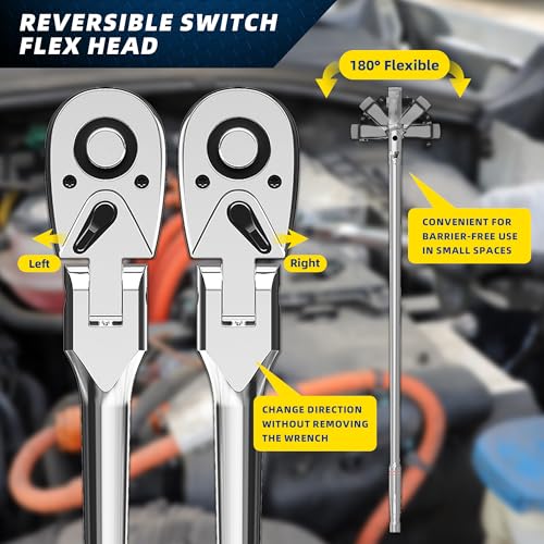PRIDE&CRAFT 1/4" Drive Extra Long Flex Head Ratchet 72-Tooth, 12 Inch Long, Socket Wrench Quick Release Reversible Design, Swivel Head Ratchet, Chrome Alloy Made, EVA Organizer - style: 1/4 Inch Extra Long