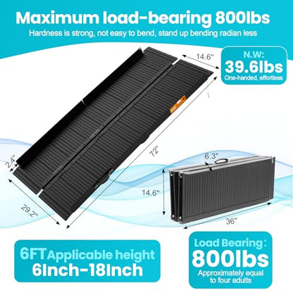 Wheelchair Ramp 6ft, Portable Non-Skid Aluminum Ramps for Wheelchairs for Home Steps, 800 LBS Capacity Handicap Ramp for Doorway, Homes, Threshold, Entry, Stairs 72" Lx 29.2" Wx2H - size: 6FT(Applicable height6"-18")