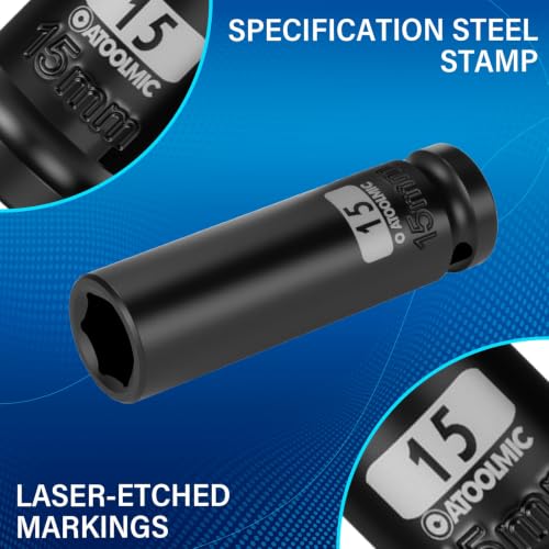 1/2 Inch Drive x 15mm Deep 6PT CR-MO Impact Socket for Removing Axle nut | Metric Socket,6-Point Radius Corner Design,Two Size Markings,Square Chamfered Opening,For Removal of Axle Nut - size: 15 mm, style: 1/2" Drive Deep Socket