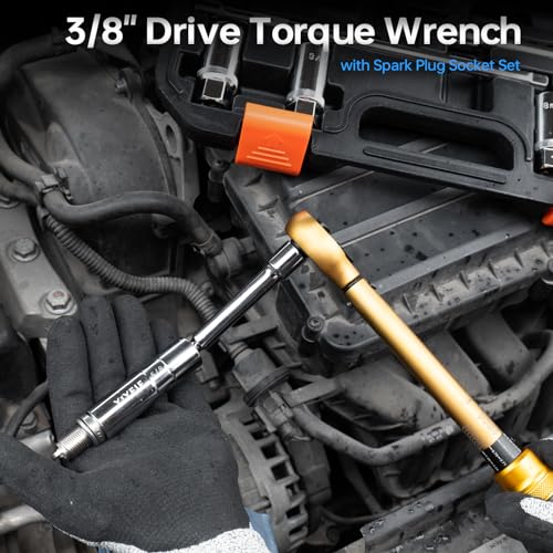 YIYEIE 10PCS Full Magnetic Spark Plug Socket Set with 3/8" Drive Torque Wrench (5-50 FT.LB/6.8-67.8Nm), Swivel Magnetic Spark Plug Removal Kit Includes 14, 16, 18mm& 9/16, 5/8, 3/4, 13/16 Inch Sockets