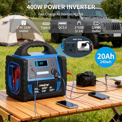 2400A Car Battery Jump Starter and Portable Power Station – Starts 8.0L Gas & 8.0L Diesel – 6-in-1 Jump Starter with Air Compressor 100 PSI Tire Inflator – 400 Watt Inverter AC/DC/USB Outlets - style: Blue