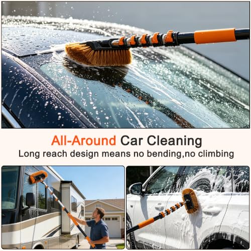 18FT Reach Car Wash Brush with Long Handle, Car Washing Kit with 4-12FT Telescoping Extension Pole, Wheel Brush, Microfiber Cleaning Mop, Mitt, Window Squeegee for Cleaning RV, Truck, SUV