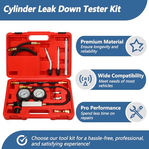 Cylinder Leak Down Tester Kit Dual Gauge Leakdown Detector Tool Set for Pressure Check & Leakage Rate Test Gasoline Engine Compression Leakdown Detector Leakage Test Set - color: Red