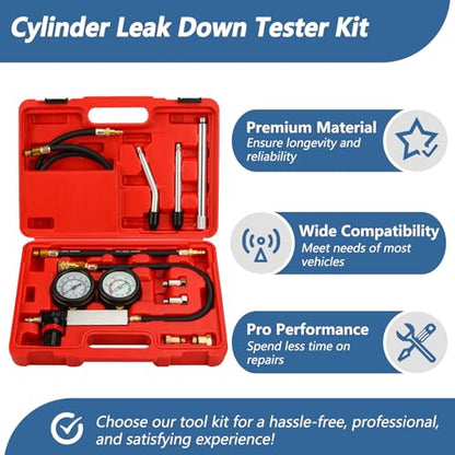 Cylinder Leak Down Tester Kit Dual Gauge Leakdown Detector Tool Set for Pressure Check & Leakage Rate Test Gasoline Engine Compression Leakdown Detector Leakage Test Set - color: Red