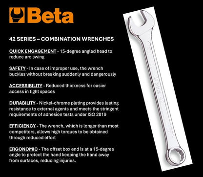 Beta 42 Series 22mm Metric Combination Wrench |15° Offset Open and Box End | Made in Italy |12-Point Box End | Sturdy Chrome Nickel-Plated Alloy Steel | Automotive, Industrial, Professional - size: 22 mm