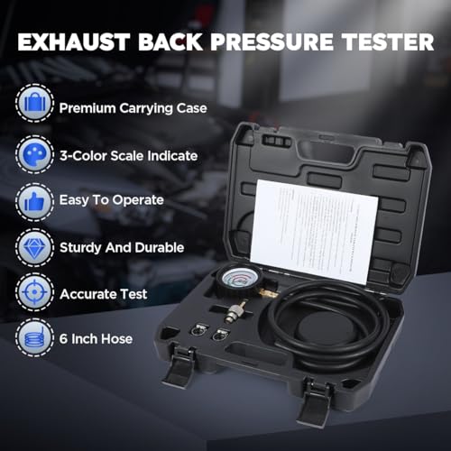 Exhaust Back Pressure Tester Kit with Carrying Case, Automotive Exhaust Back Pressure Gauge 6-Foot Hose Exhaust Pressure Tester (Includes Carrying Case)