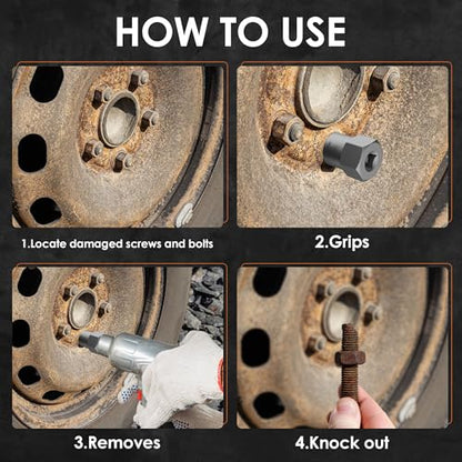 5-Piece Heavy Duty Bolt Extractor Set, 1/2" Drive Impact Lug Nut Remover Tool | Large size 19-25mm for removing stripped, damaged, rusted nuts, bolts, and studs - size: 5-Piece Heavy Duty Remover
