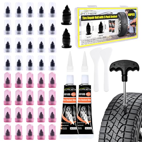 40 PCS Tire Plugs Screw Type with 2 Tubes of Tire Sealant Glue, Reliable Screw in Tire Repair Plugs with a Screwdriver, Quick Tool Tire Plugs, Screw Tire Plug Kit for Car Motorcycles Trucks Tractors - size: 40PCS Tire Sealant Glue Included