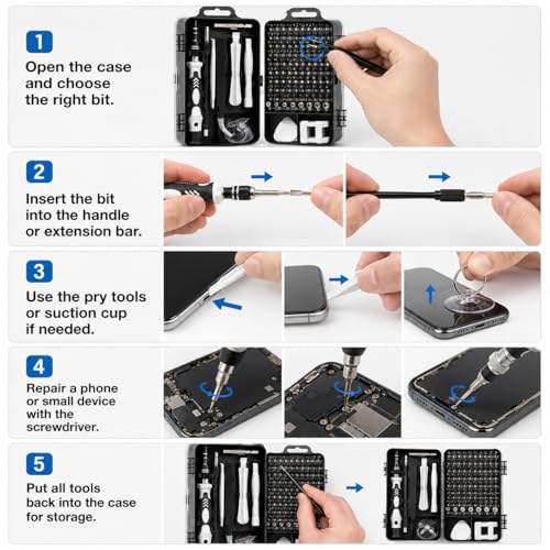 115-in-1 Precision Screwdriver Sets, Professional Repair Tool Kit Multiple Bits for Electronics, Phone, Watch, Automotive, Glasses and Bike Maintenance Non-Slip Handle Tweezers and Crowbar - color: Silver