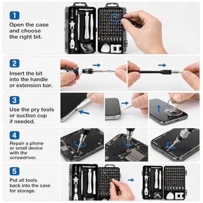 115-in-1 Precision Screwdriver Sets, Professional Repair Tool Kit Multiple Bits for Electronics, Phone, Watch, Automotive, Glasses and Bike Maintenance Non-Slip Handle Tweezers and Crowbar - color: Silver