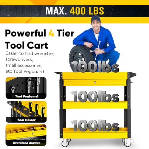 4 Tier Rolling Tool Cart on Wheels with Mechanic Tool Cart with Locking Drawer-Metal, 400LBS Load Capacity Heavy Duty Utility with Pegboard for Repair Shop, Garage, Warehouse, Workshop