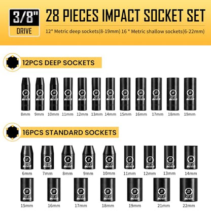 BOEN 3/8" Drive Impact Socket Set, 59-Piece Standard SAE (5/16 to 3/4 inch) and Metric (6-22mm), Include 9-Piece E-Torx Socket Set (E5-E16) 丨Ratchet Handle, Extension Bar, Universal Joint, Adapter