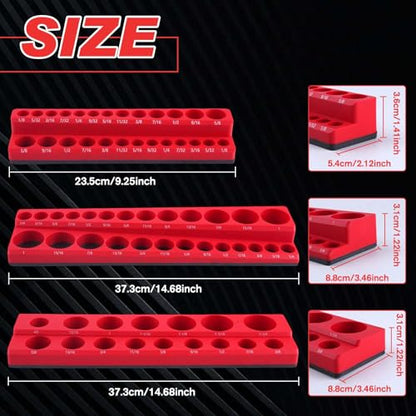 Magnetic Socket Organizer Set 3-Piece 1/2", 1/4" and 3/8" SAE Socket Holder Storage Tray Tools Box Clear Markings Powerful Magnet Tools Drawer Storage Holds 68 Pcs (Sockets are Not Included)