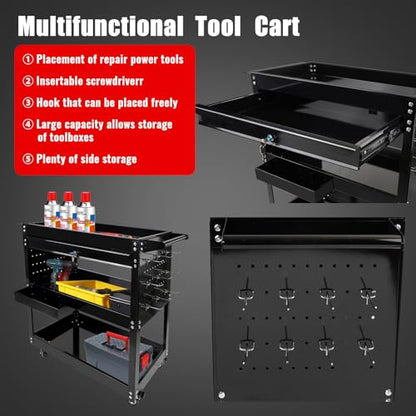 BHB 3 Tier Rolling Tool Cart Box On Wheels with Lockable Drawer, Heavy Duty Capability Tool Cart for Mechanics, Large Storage Organizer Utility Cart, for Garage Warehouse Repair Shop, 350 Lbs Load - style: With Drawer