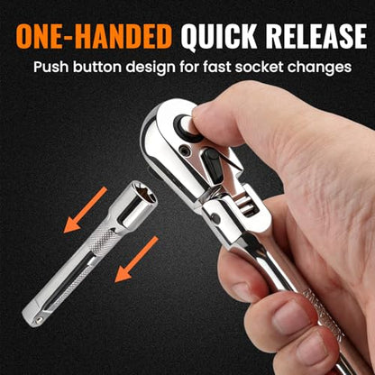 Flex Head 1/2" Drive Ratchet Wrench, 90T Long Handle Ratchet, Quick-Release Reversible with Cr-Mo Head and 5" Extension Bar for High Torque & Tight Spaces - size: 1/2"