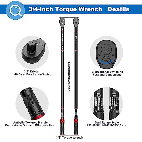 SUERCUP 3/4-inch Drive Click Torque Wrench,150-1000ft.lb/203.3-1355Nm | ±3% Accuracy, Heavy Duty Torque Wrench, Professional, Dual Direction, 48-Tooth, for Wind Turbines, Dockyards, Truck Repair - size: 3/4" 150-1000Ft.Lb/203.3-1355N.m