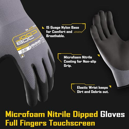COOLJOB 6/12/36 Pairs Safety Work Gloves Microfoam Nitrile Rubber Coated, Seamless Knit Nylon with Full Fingers Touchscreen, Grip Nitrile Dipped, Ideal for Warehouse, Home Improvement, Grey Medium - size: Medium, style: 6 Pairs
