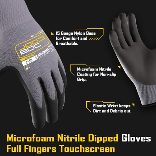 COOLJOB 12 Pairs Safety Work Gloves Microfoam Nitrile Rubber Coated, Seamless Knit Nylon Gloves with Full Fingers Touchscreen, Grip Nitrile Dipped, Ideal for Warehouse, Home Improvement, Grey Xlarge - size: X-Large, style: 12 Pairs