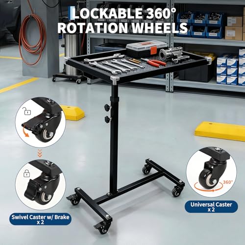 Mobile Work Table with Wheels, 220LBS Height Adjustable Rolling Mechanic Tool Tray, Heavy Duty Steel Work Table for Garage, Home, Automotive Repair & DIY Projects - color: Black