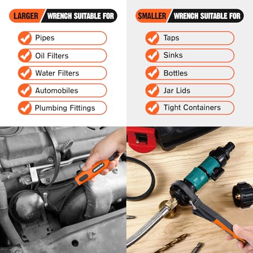 2-Piece Strap Wrench Set, Adjustable Rubber Oil Filter Wrench Max Diameter 4" and 6", Jar Opener Set Heavy Duty Blet Wrenches for Drain Sewer Cap Sink Pliers Nut Shower Head Valve Removal - style: 2-Pc Strap Wrench Set - Orange