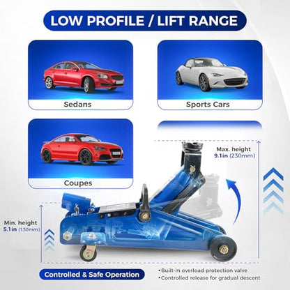 Hantec - 2 Ton Hydraulic Floor Jack - Trolley Lift with Safety Valve, Swivel Wheels, and Hard Carrying Case - 4,400 lbs Capacity - Blue