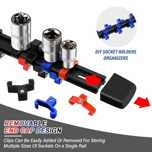 3-Piece Socket Organizer Rail Set, Heavy Duty Socket Holder for 1/4", 3/8", 1/2" Drive, 43 Clips Spring Loaded Ball Bearings for Metric & SAE Sockets, Portable Tool Tray for Toolbox Drawer - size: 3 Pcs