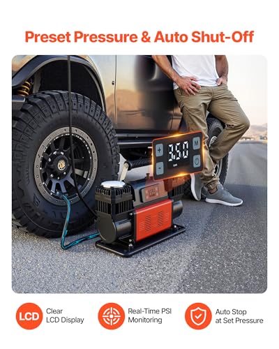 VEVOR Dual-Cylinder Heavy Duty Air Compressor, 10.6CFM Auto-Stop Portable Tire Inflator, 12V 150PSI Offroad Air Pump with LCD Digital Display & Adapters for Truck Car SUV 4 x 4 Vehicle RV - style: 10.6 CFM Auto-Stop