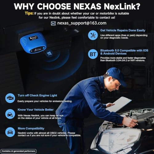 NEXAS NexLINK Bluetooth OBD2 Scanner with Live Data for All US Cars | Reads & Clear Check Engine Light, Performance Test, Bluetooth Wireless Connection For iPhone and Android, Lifetime Updates - size: obd2 scanner