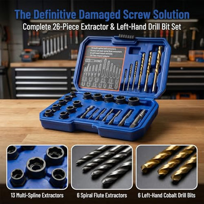 26Pcs Bolt Extractor Kit with Left Hand Drill Bits, Easy Out Screw Extractor Set for Damaged Stripped Broken Lug Nuts, Bolts & Screws – Includes Hex Adapter - size: 26PCS