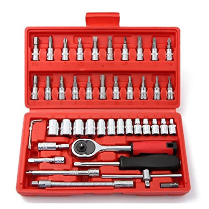 46 Pieces 1/4 in. Drive Ratchet Socket Wrench Set with Quick-Release Ratchet,Includes Metric Bit Sockets and Extension Bar for Car Repair and Home Maintenance - size: Full Size