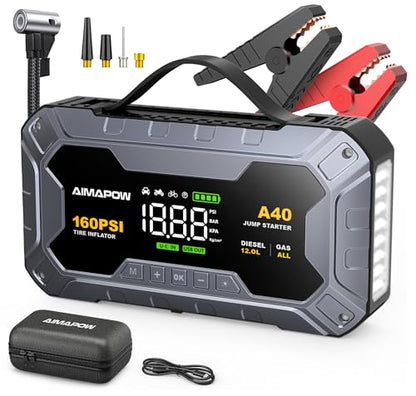 8000A 160PSI Jump Starter with Air Compressor, 12V Car Battery Jump Starter Power Bank(All Gas/12L Diesel), Car Starter with LED Flashlight, Force Start, Jump Pack with Jump Leads - size: A40