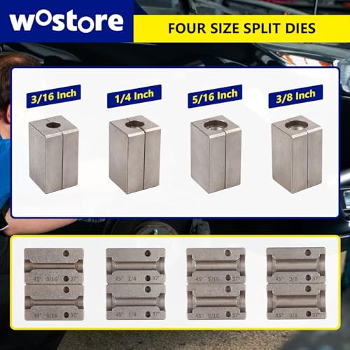 Wostore 45°&37° Brake Line Flaring Tool Kit, Single/Double/Bubble, 5 Dies | 45° & 37° single, bubble & double flare. 5 dies: 3/16-3/8 & 4.75mm. Works on copper, stainless steel & soft metal lines.