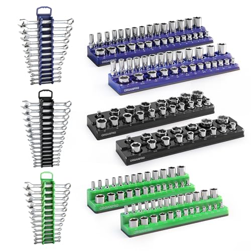 9-Piece Magnetic Socket Organizer and Wrench Holder Set | 3-Color Tool Box Drawer Organizer for 1/4” 3/8” 1/2” Metric SAE Socket, Heavy Duty Tool Trays for 143 Sockets and 36 Wrenches