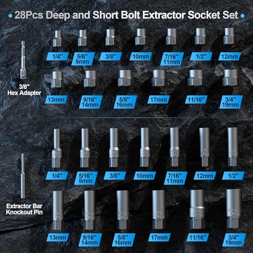 28Pcs Deep Bolt Extractor Set, Spark Plug Extractor Socket Set, with 3/8" Drive for Removing Damaged Rounded-Off Bolts, Nuts, Studs, Threaded Tubes - size: 28-pieces
