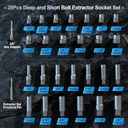 28Pcs Deep Bolt Extractor Set, Spark Plug Extractor Socket Set | with 3/8" Drive for Removing Damaged Rounded-Off Bolts, Nuts, Studs, Threaded Tubes - size: 28-pieces