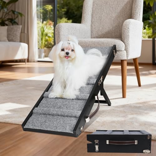 Dog Ramp for Small Dogs Foldable Pet Ramp for Couch Sofa (Black) | 4 Adjustable Heights 7.48'' - 15.35", No Assembly, Non-Slip Carpet, Portable Handle, Natural Wood Frame, Senior Dog Friendly - color: Black, size: Up to 30 lbs