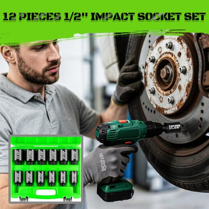 1/2"12-Piece Extended Drive Impact Socket Set, Deep SAE Spindle Axle Nut Impact Socket Set, Cr-Mo, 1-1/16, 1-1/8, 1-3/16, 1-1/4, 1-5/16, 1-3/8, 1-7/16, 1-1/2, 1-9/16, 1-5/8, 1-11/16, 1-3/4 Socket - size: 12 Piece 1/2" SAE Impact Socket Set