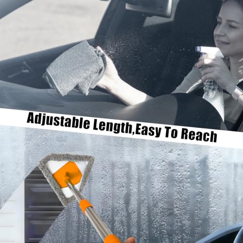 Windshield Cleaner Tool, Car Window Squeegee with 4 Reusable Microfiber Pads, 13"-16.7" Telescopic Extendable Handle, 180° Rotating Glass Cleaner for Auto Interior, Shower Glass, Household Windows