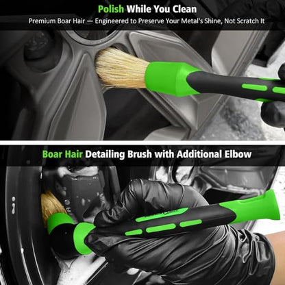 YeewayVeh 4PCS Car Wheel Cleaning Kit, 360° Bendable Wheel Brush with Premium Boar Hair Detailing Brush | Microfiber Scratch-Free Wheel and Tire Brush Kit for Cleaning Wheels,Tires - color: Green/White, size: 4-Pack