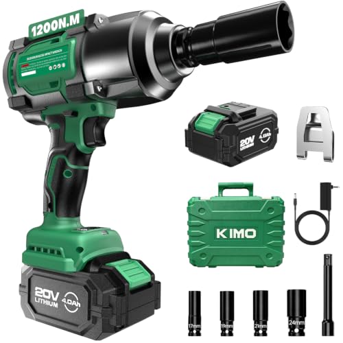 KIMO Impact Wrench 1/2 Inch, 890Ft-Lbs(1200N.m), 4000RPM/2900IPM Brushless Motor High Torque Impact Driver w/Battery, 3 Modes, Variable Speeds, LED Light, Cordless Impact Gun for Car/Truck, 4.0Ah - size: 4.0Ah