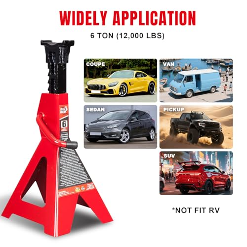 BIG RED T46202 Torin Steel Jack Stands: 6 Ton (12,000 lb) Capacity, Red, 1 Pair - size: 6 Ton, style: Basic Style