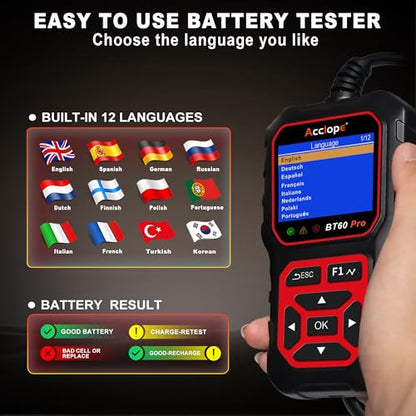 BT60 PRO Car Battery Tester 6V/12V/24V, 2–120Ah, 100–3000 CCA, AGM/Gel/Lithium, Digital Analyzer, QR Cloud Report (No App), Alternator & Starter/Charging System - color: Black-Red