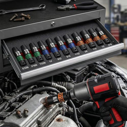 11 Piece 1/4-Inch Drive Impact Socket Set, 5/32" - 9/16" Deep Sockets, 6 Point SAE Sockets for Automotive Repair, Equipment Maintenance - size: 1/4 Inch SAE Deep