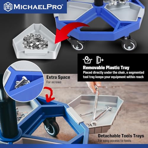 MichaelPro Rolling Mechanic Stool with 5 Removable Tool Trays for Storage, Pneumatic Garage Shop Chair with 350 lb Capacity, Adjustable Height, Padded Swivel Shop Stool with Wheels, Brakes, Backrest