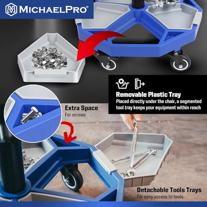 MichaelPro Rolling Mechanic Stool with 5 Removable Tool Trays for Storage, Pneumatic Garage Shop Chair with 350 lb Capacity, Adjustable Height, Padded Swivel Shop Stool with Wheels, Brakes, Backrest