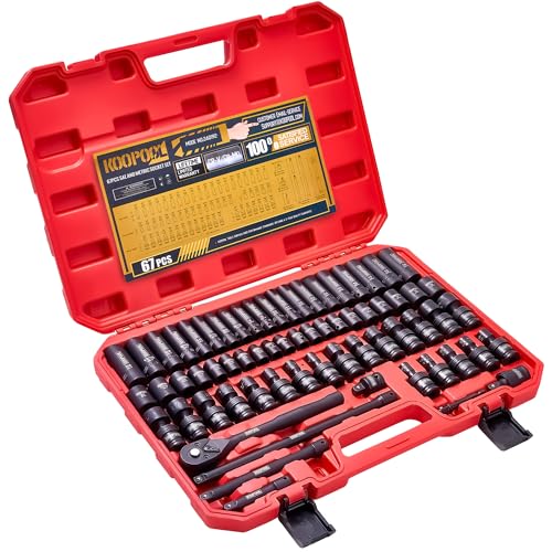 67-Piece 3/8” Impact Socket Set, SAE & Metric, CR-V & CR-Mo, Shallow/Deep/Swivel Sockets, Ratchet, Extension Bars & Adapters, Heavy-Duty Socket Set for Mechanics